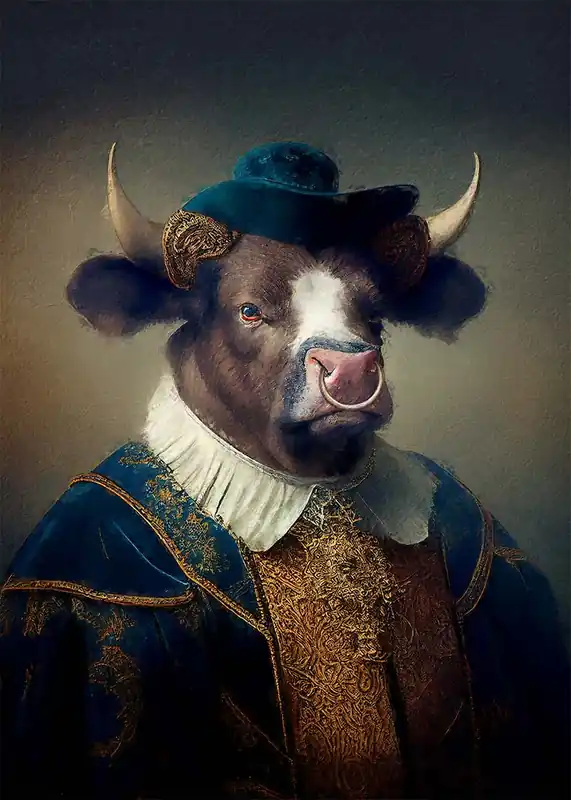 Bull with Hat Animal Head Portrait Print Big Sale