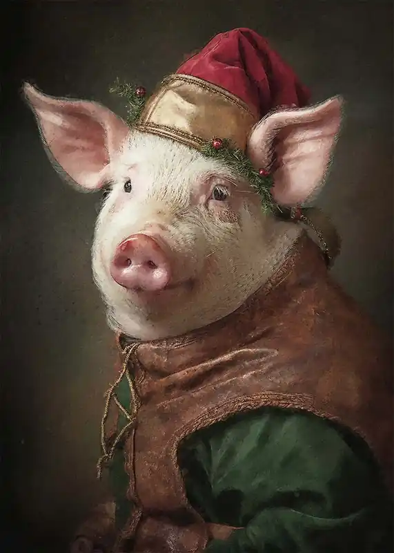 Christmas Pig Animal Portrait Print Exclusive Offer