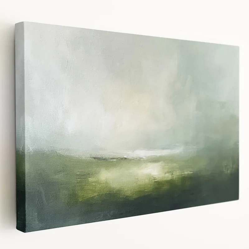 Soft Green Landscape Abstract - Misty Horizon Canvas Wall Art Markdown