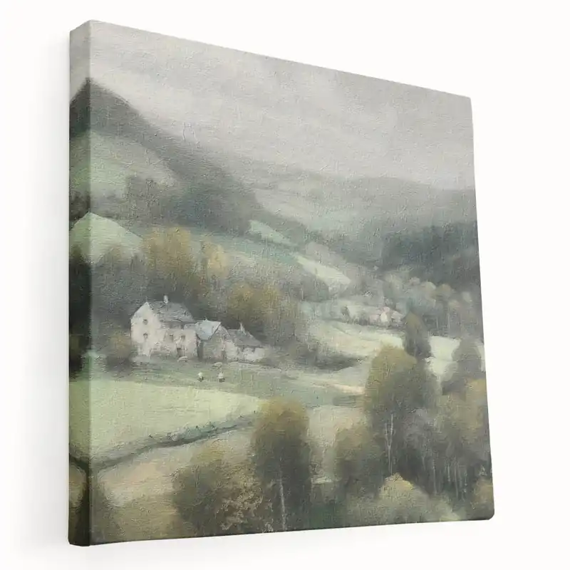 Buy Online Misty Valley Farmhouses – Peaceful Countryside Wall Art Landscape