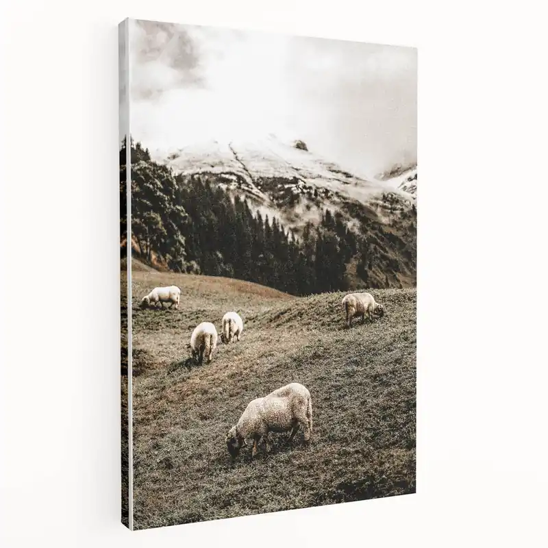 Editor’s Pick Rustic Sheep in Mountain Landscape – Farmhouse Pastoral Wall Art