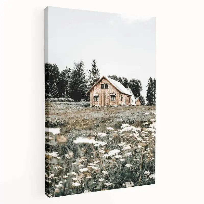 Farmhouse Wall Art: Rustic Cottage in Meadow with Wildflowers Décor Worldwide Shipping