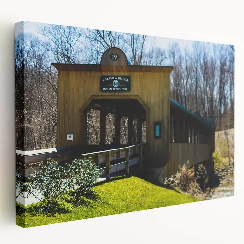 Secure Checkout Riverview Covered Bridge Wall Art – Rustic Architecture Canvas Prints