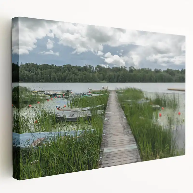 Scenic Estonia Prints – Lakeside Boardwalk with Boats and Lush Greenery Buy Today