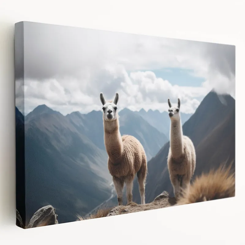 Majestic Llamas in Andean Mountains Canvas - Peru Art Seasonal Sale