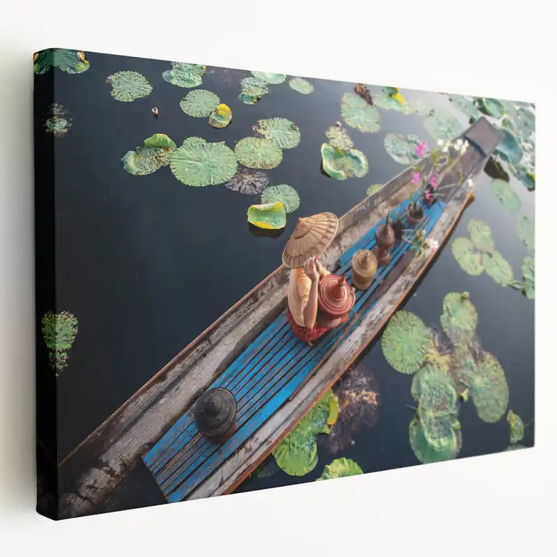 Lily Pad Boat Journey Myanmar Wall Art - Peaceful Water and Nature Scene Weekend Sale
