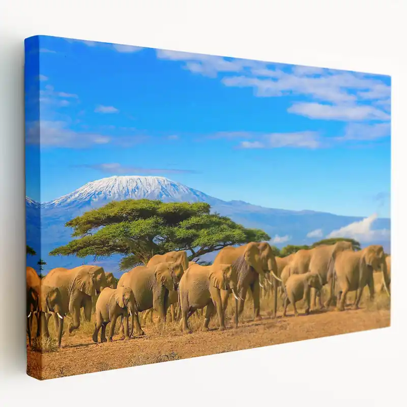 Final Sale Majestic Tanzania Wall Art - Serengeti Elephants and Kilimanjaro Canvas Print