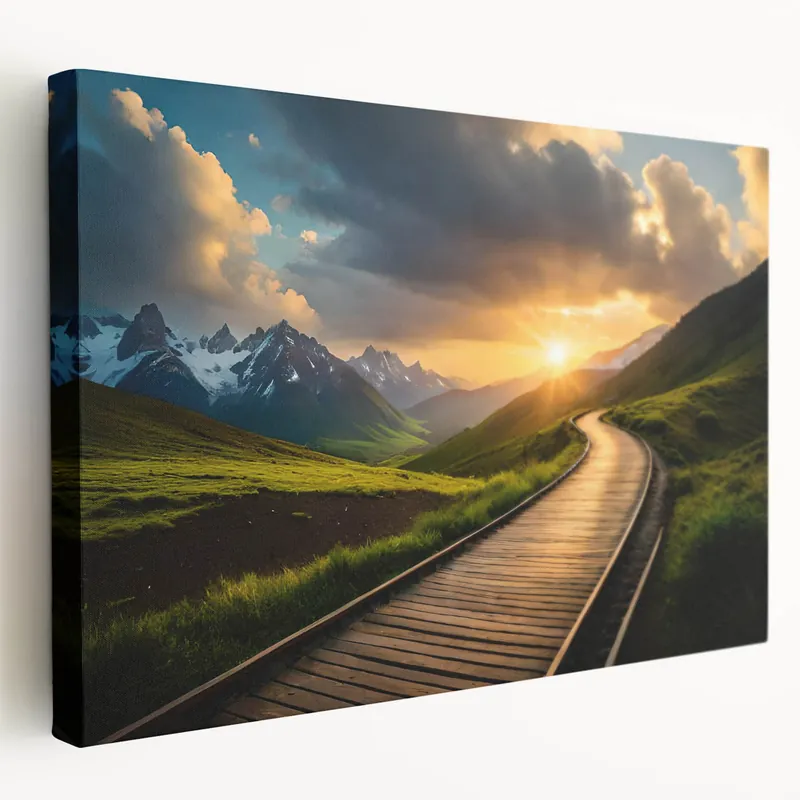 Fast Shipping Mountain Sunset Railway Wall Art - Serene Landscape with Train Tracks