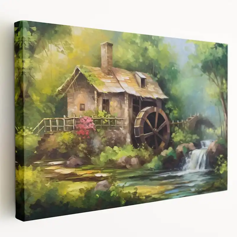 Place Order Charming Watermill Canvas Print - Lush Watermill Scenic Wall Art