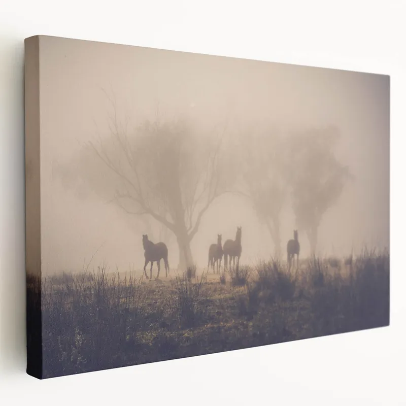 Horses in Morning Mist Art - Serene Foggy Pasture Landscape Decor In Demand