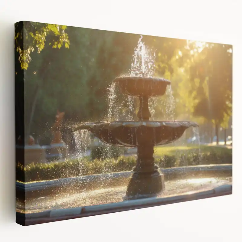 Serene Park Fountain Wall Art - Golden Morning Glow Canvas Print Shop Now