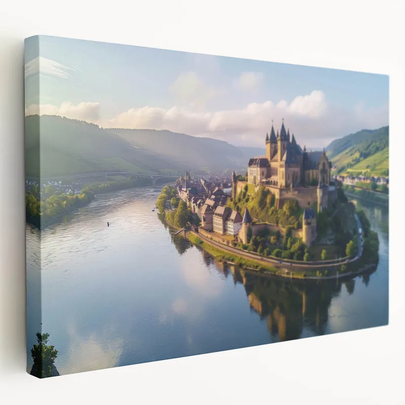 Majestic River Castle Wall Art - European Fortress in Scenic Landscape Fast Shipping