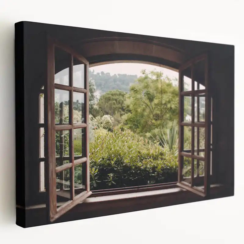 Rustic Window Wall Art – Lush Garden View Through Wooden Frame Print Exclusive Offer
