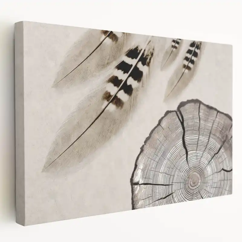 Crafted Feather & Tree Rings Art - Rustic Nature-Inspired Canvas Print