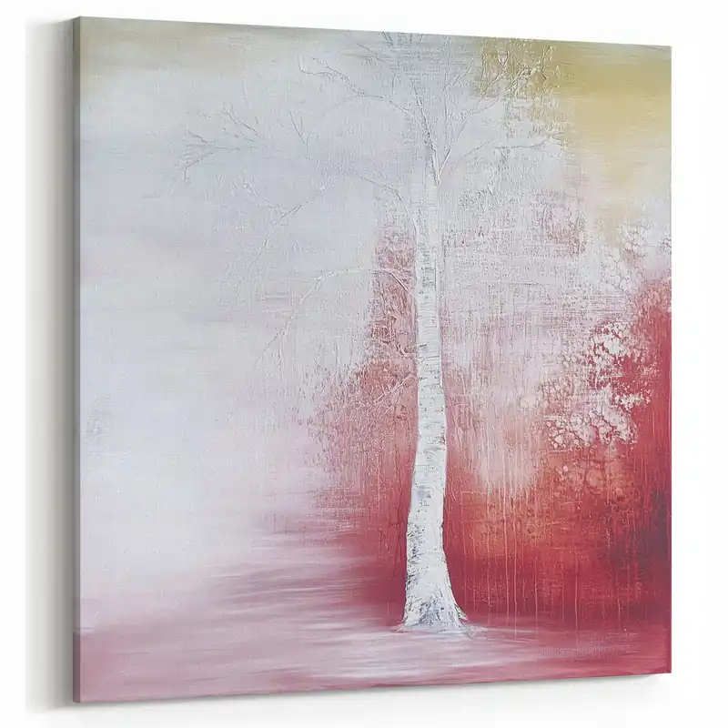 Luxury Tranquil White Tree - Abstract Floral Art in Red and Soft Yellow