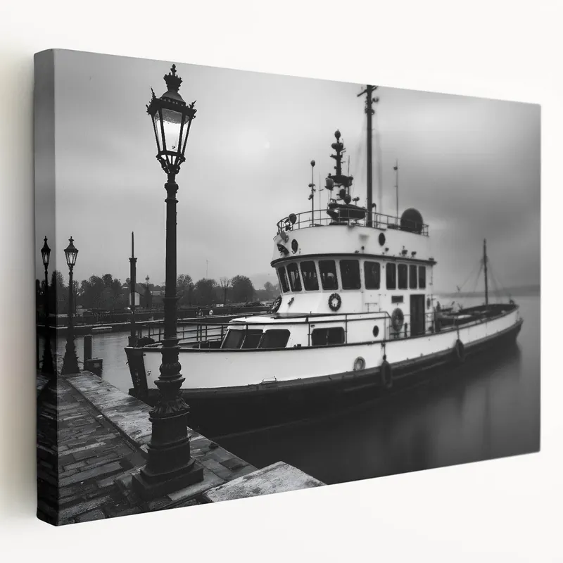 Certified Vintage Tugboat in Fog – Black & White Fine Art Photography Print