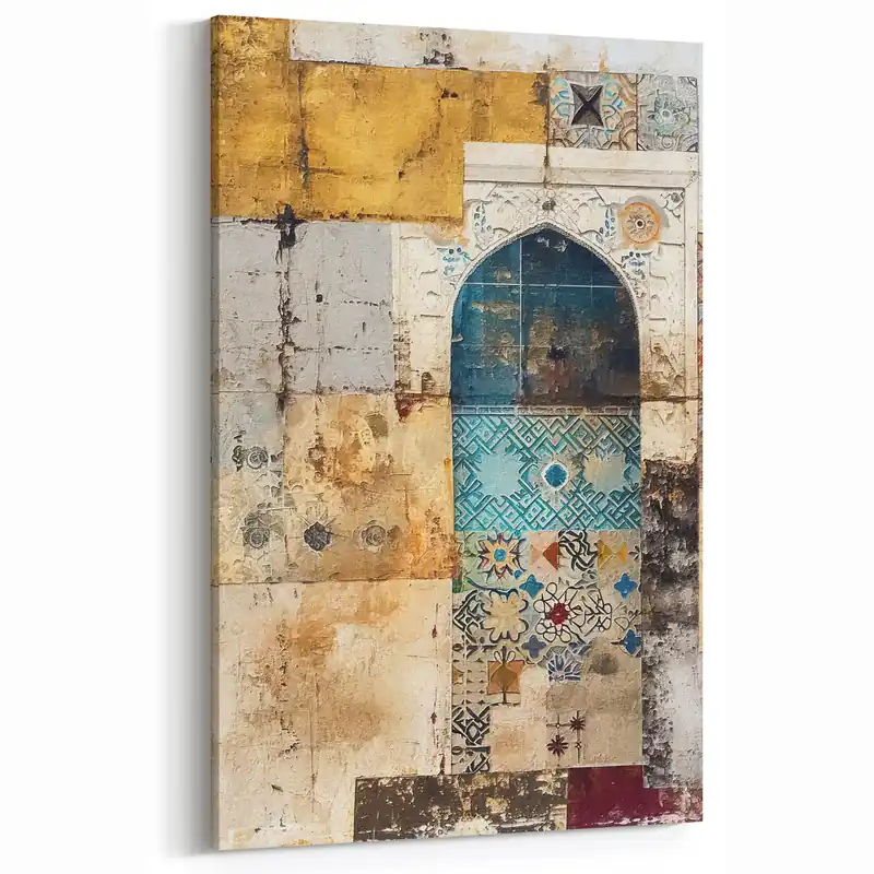 Vintage Mosaic Abstract Architecture Canvas - Beige and Teal Wall Art Deal