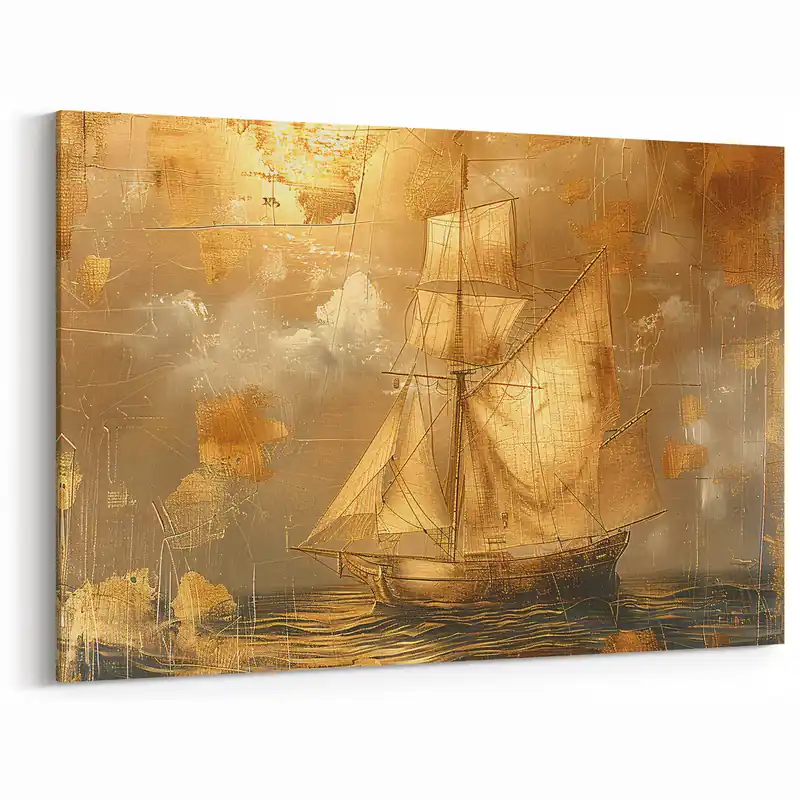 Handmade Vintage Charm Canvas - Golden Sailboat on Textured Sea Wall Art