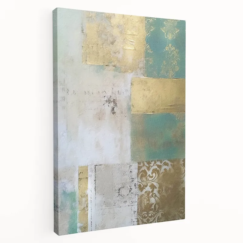 Vintage Charm Abstract Line Art - Teal and Gold Canvas Print Brand New