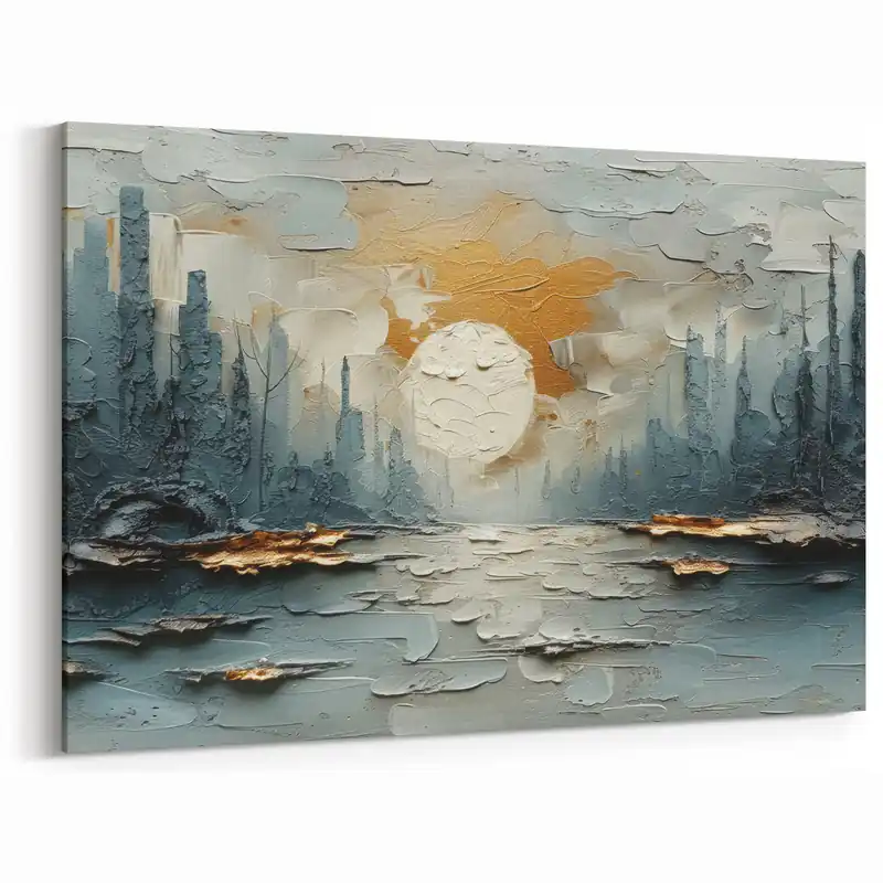 Textured Abstract Landscape Art - Blue Gray and Gold Sun Canvas Print Certified
