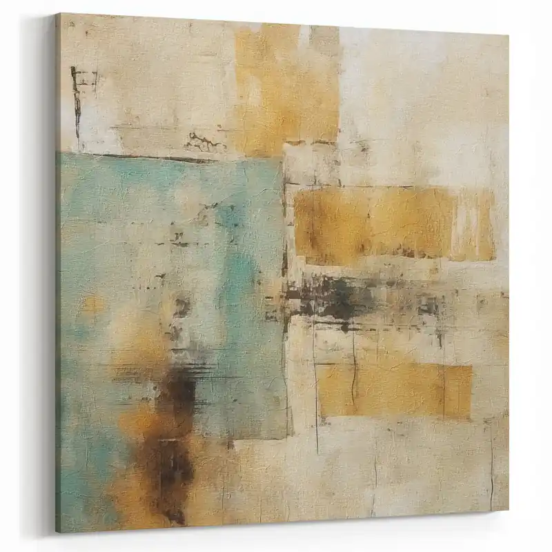 Modern Rustic Abstract Strokes Wall Art – Teal, Beige, and Brown Canvas Print