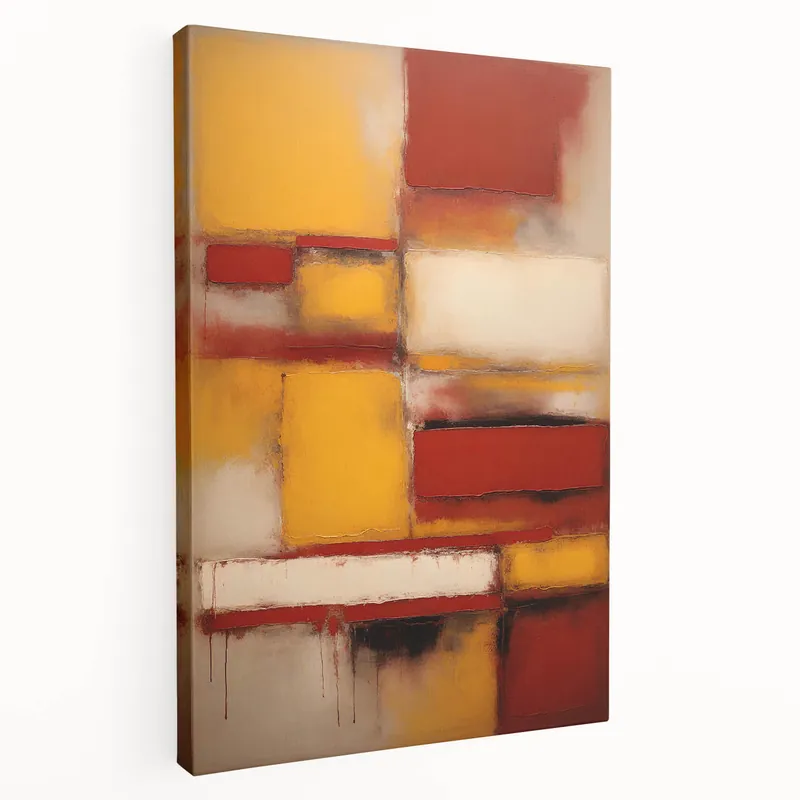 While Supplies Last Red, Yellow, and Beige Abstract Line Art - Rustic Geometric Canvas