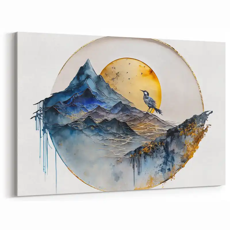 Today Only Mystical Mountain Landscape Art - Gold & Blue Abstract Wall Decor