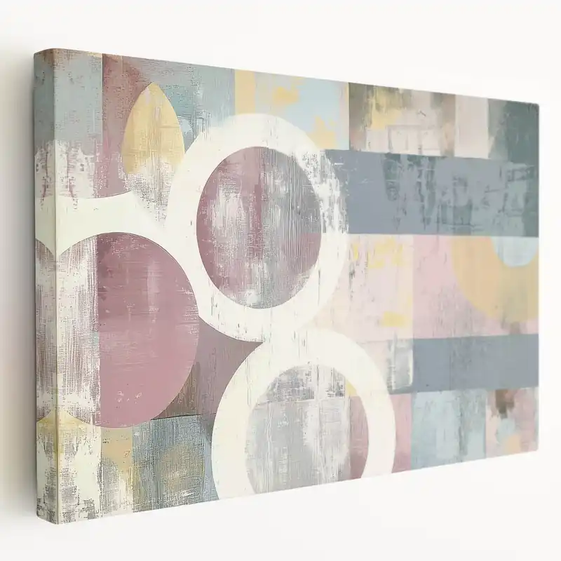 Hassle-Free Returns Muted Geometric Abstract Art – Soft Pink, Blue, and Beige Canvas