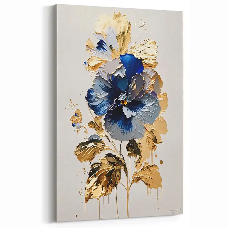 Fresh Stock Modern Floral Abstract Canvas - Elegant Blue and Gold Flower Wall Art