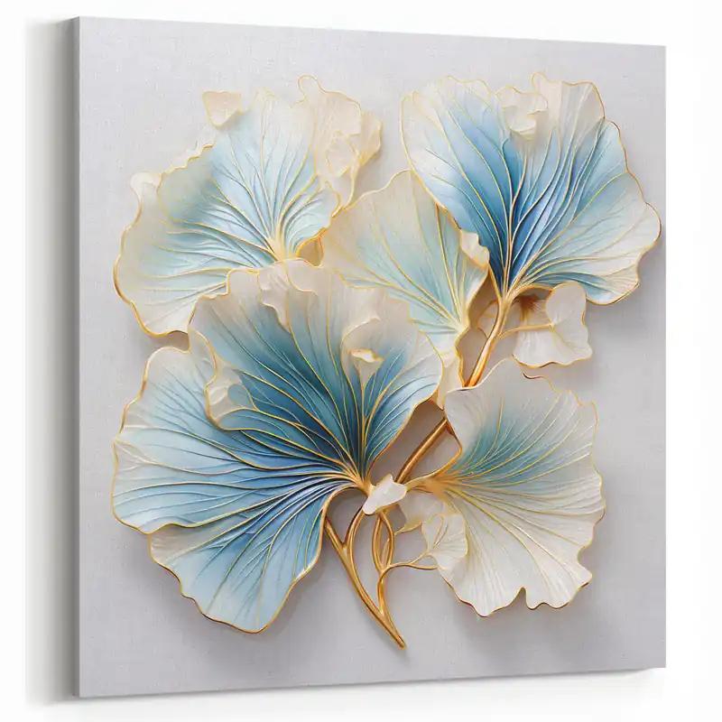 Handmade Modern Floral Abstract - Blue and Gold Leaf Canvas Art