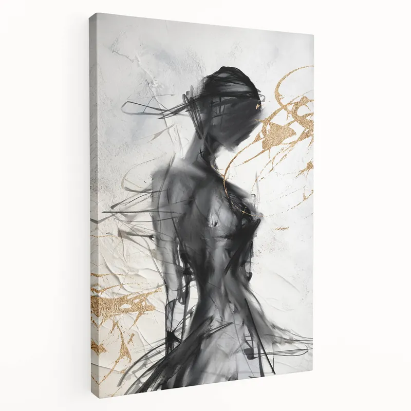 Modern Abstract Figure Art with Gold Accents - Bold Monochrome Decor Best Seller