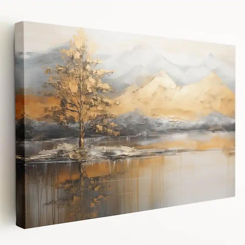 Golden Tree and Mountains Modern Landscape Abstract Wall Art One Day Deal