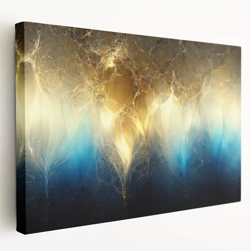 Luxury Golden Light and Blue Abstract Line Art Canvas - Radiant Geometric Design