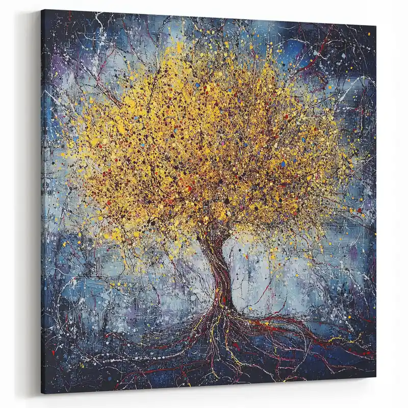 Golden Abstract Tree Art - Blue and Gold Modern Canvas Wall Decor Clearance