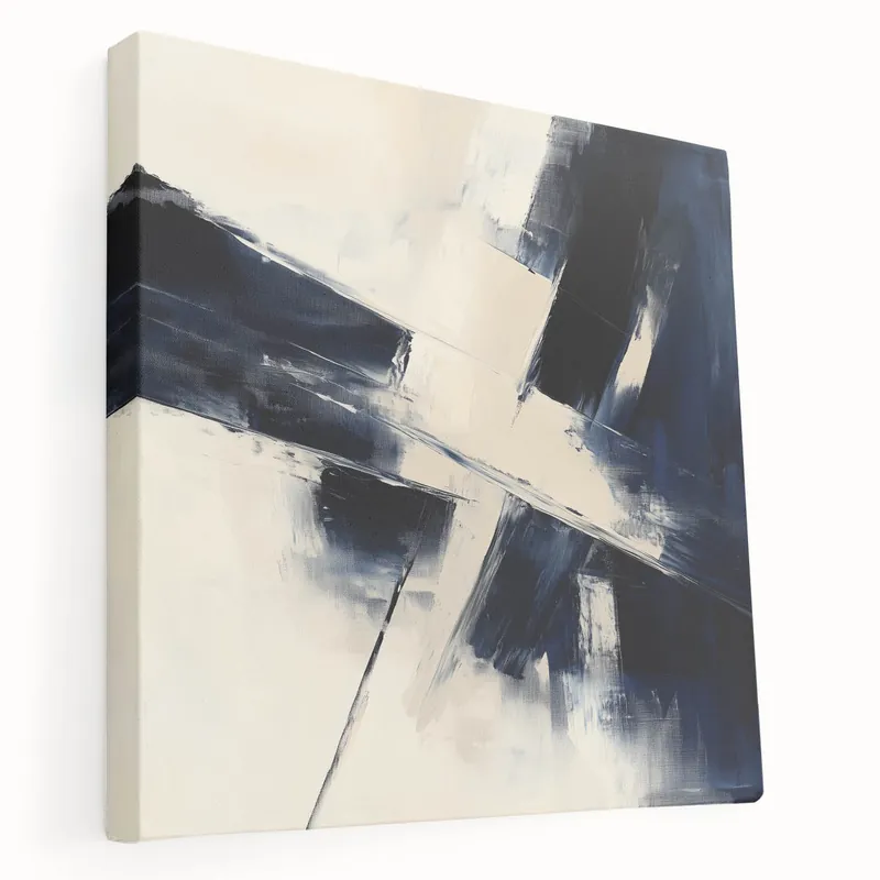 Geometric Abstract Wall Decor – Navy & Beige Angular Brush Canvas Markdown