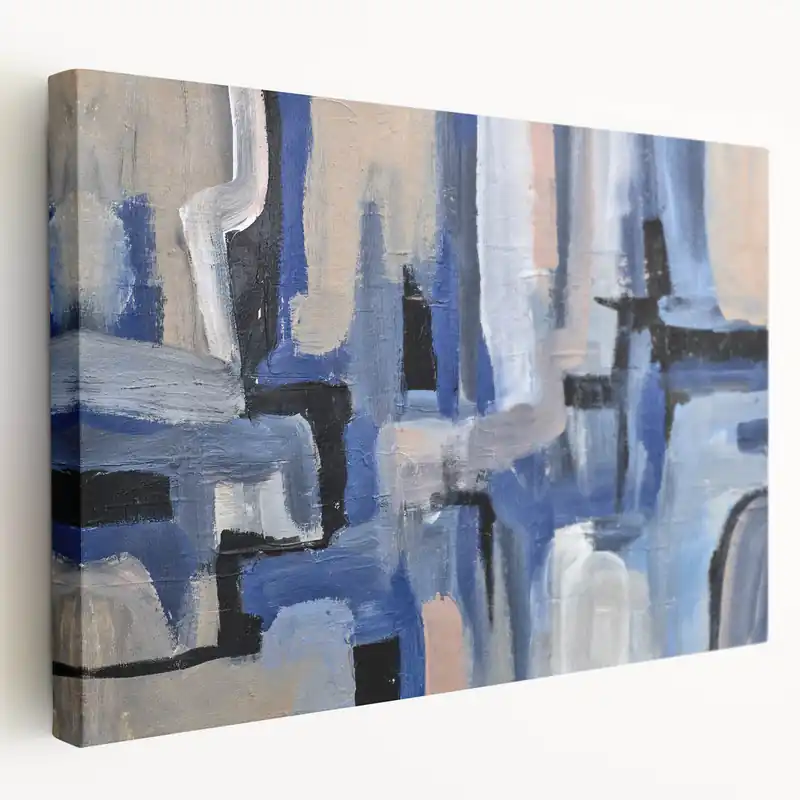 Geometric Abstract Paintings - Blue & Beige Modern Wall Art Order Now