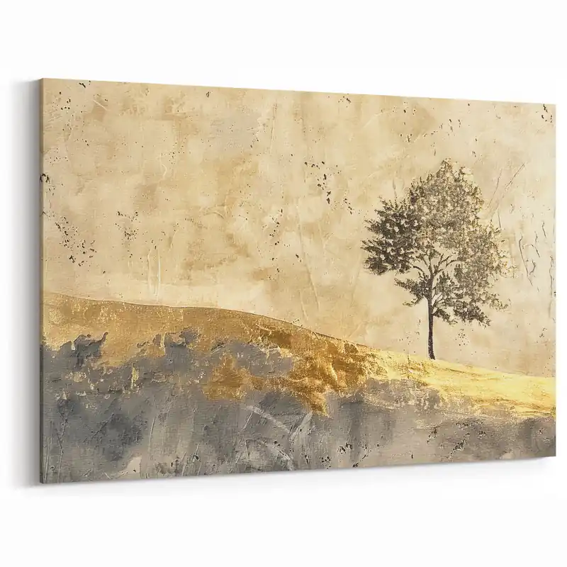 Popular Abstract Landscape Art - Golden Horizon with Lone Tree Canvas Decor