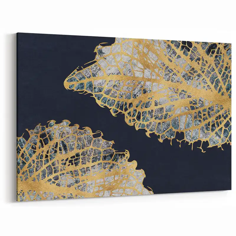 Authentic Abstract Golden Leaf Veins on Navy Background - Modern Canvas Art