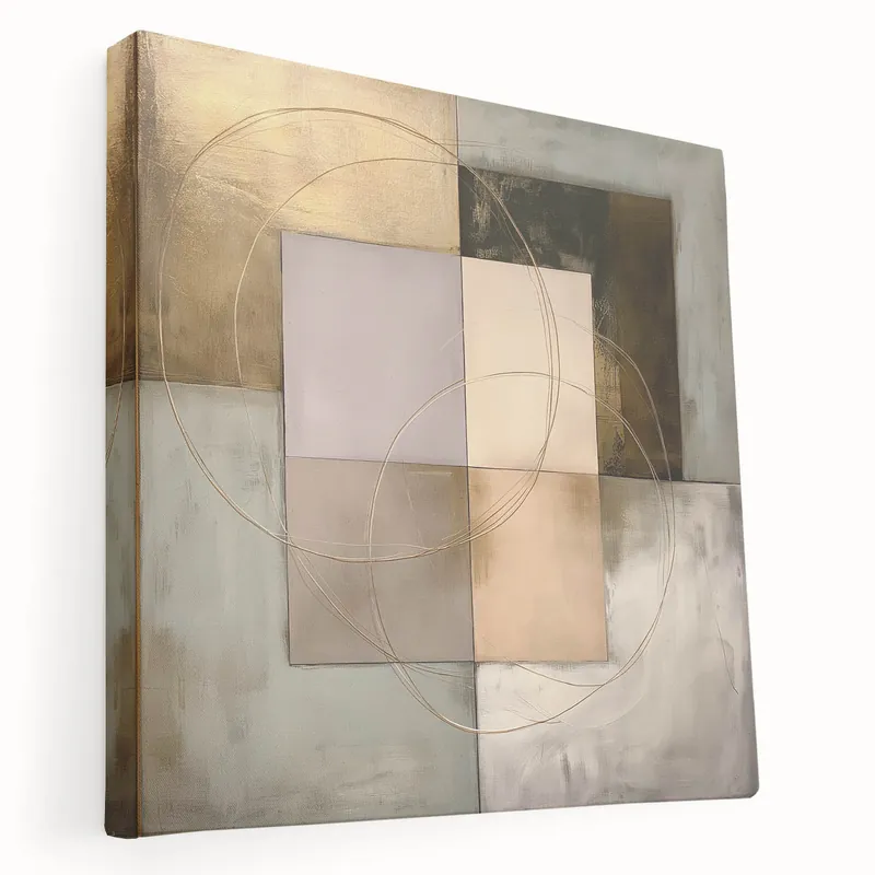 Abstract Geometric Wall Art - Neutral Squares with Gold Circular Details Limited Edition