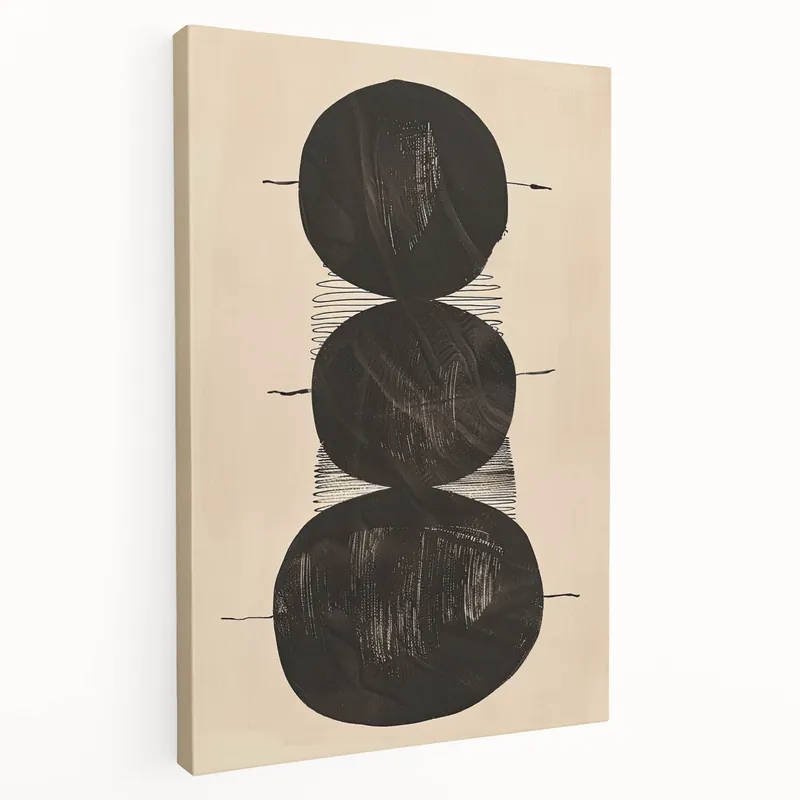 Original Abstract Geometric Framed Art – Minimalist Black Circles on Beige