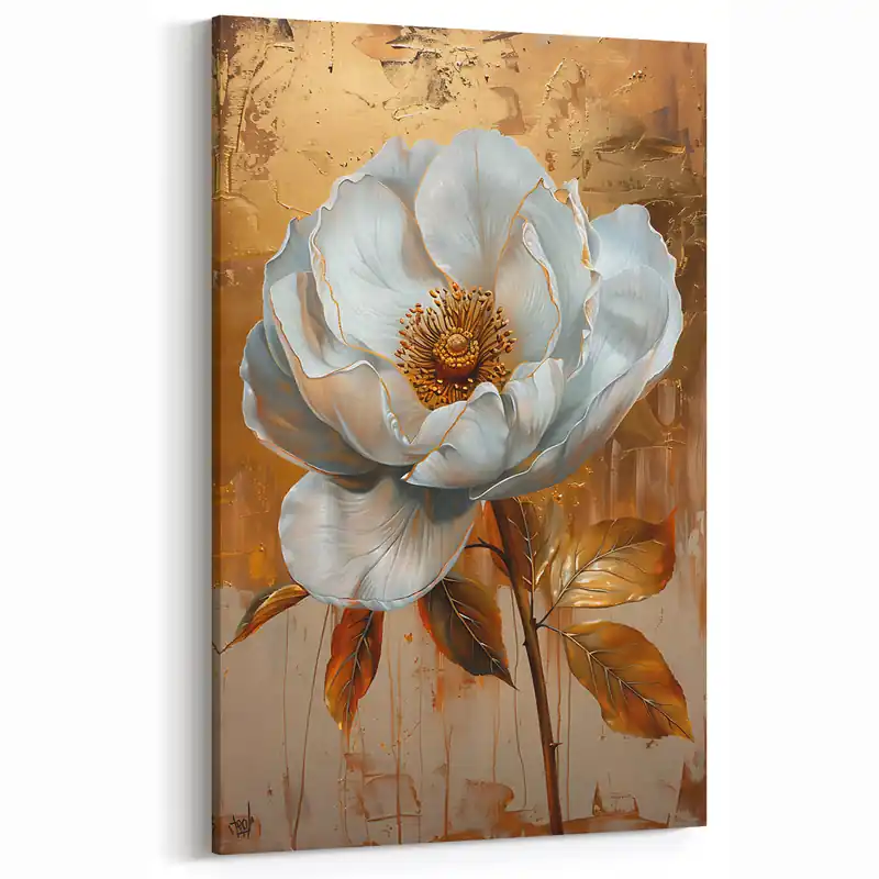 Abstract Floral Art - Modern White Flower on Gold Canvas No Minimum Order