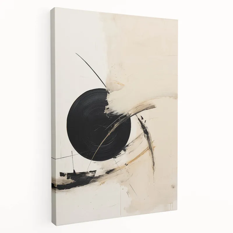 Exclusive Abstract Circle Brushstroke Art - Minimalist Black Beige Canvas Decor