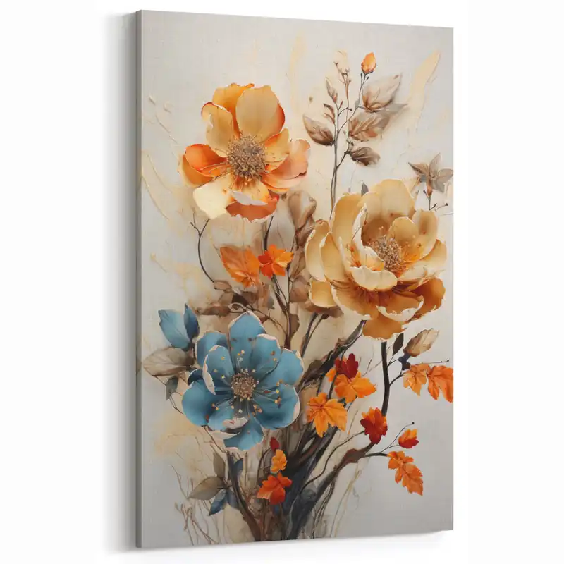 Abstract Botanical Prints - Elegant Autumn Florals in Orange and Blue Authentic