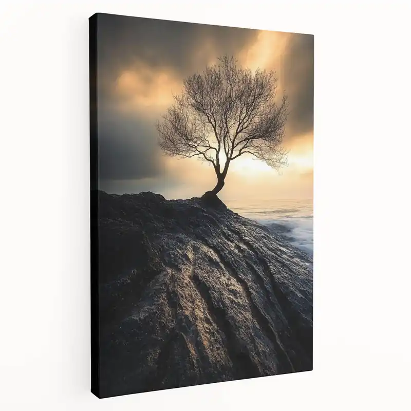 Low Price Abstract Minimalist Nature Art – Lone Tree on Rocky Cliff Print