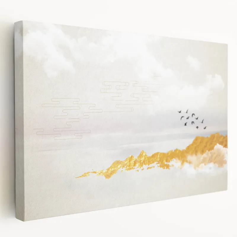 No Minimum Order Elegant Zen Garden Wall Art – Golden Mountains & Birds