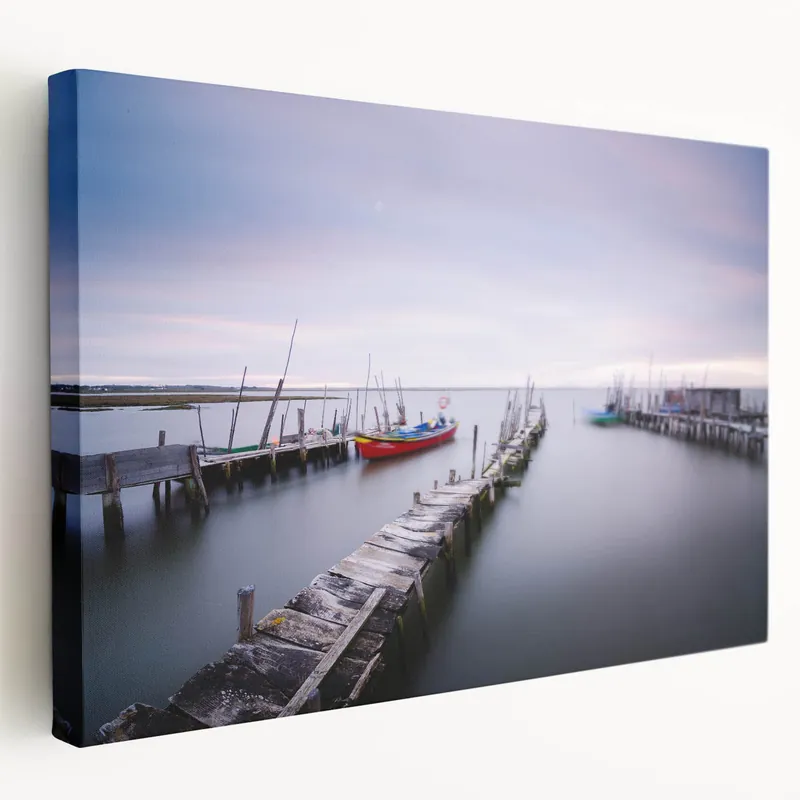 Peaceful Scenery Framed Art – Rustic Wooden Dock at Dusk Handmade