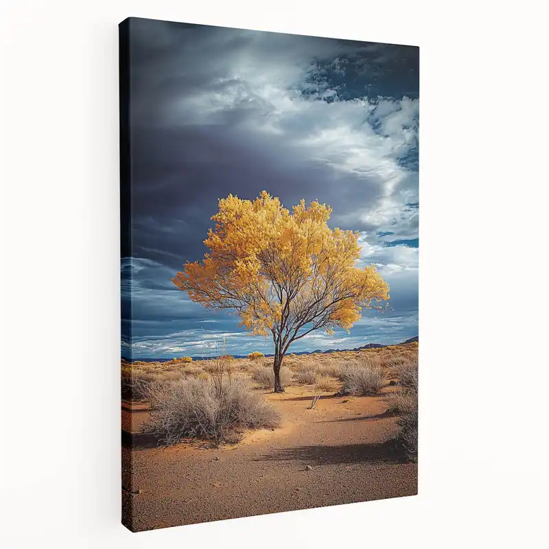 Fields Panorama Wall Decor - Golden Tree Against Stormy Skies Art Certified