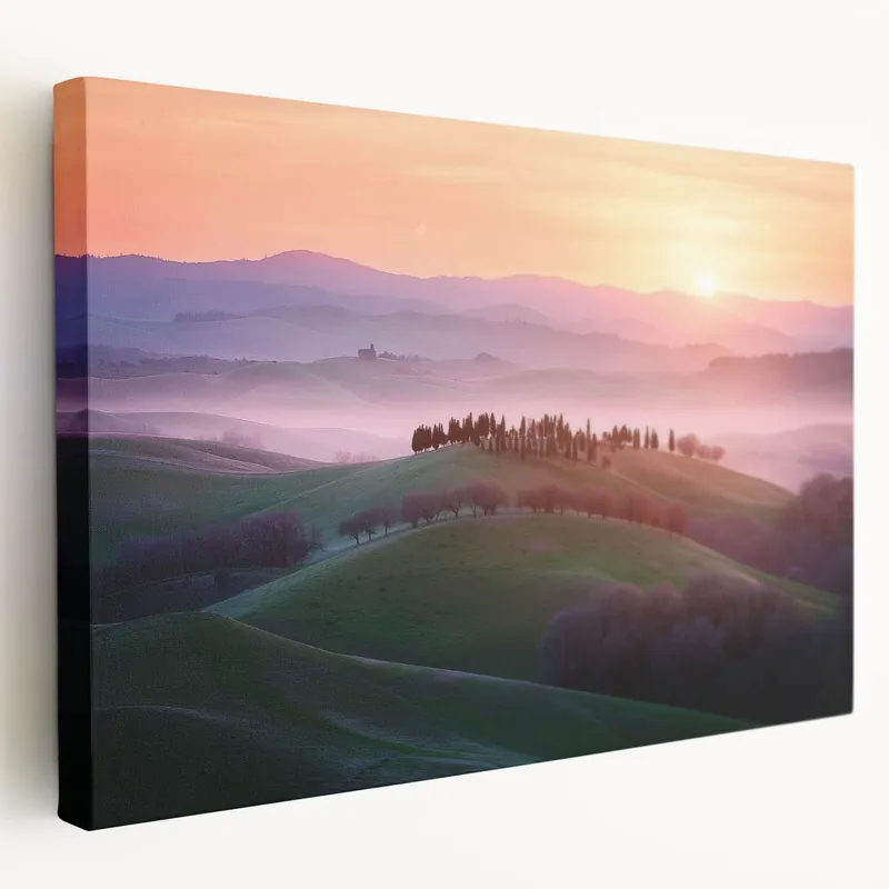 Scenic Fields Framed Art - Rolling Hills and Sunrise Wall Decor Original
