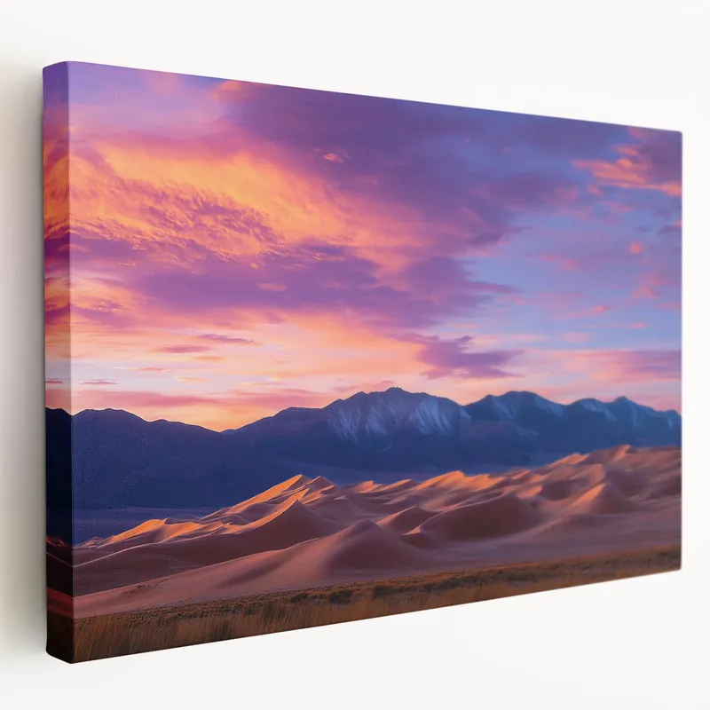 Modern Desert Landscape Art - Vibrant Dunes with Sunset Mountain Backdrop