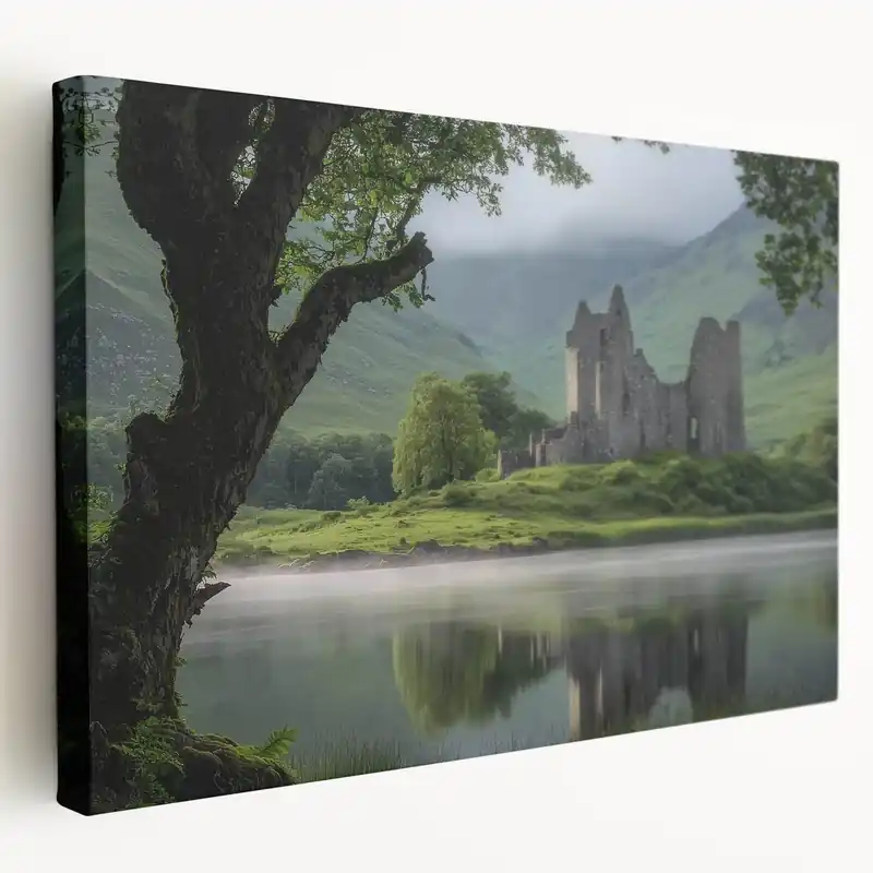 Grab Now Castle by the Lake - Ruined Fortress in Serene Green Landscape